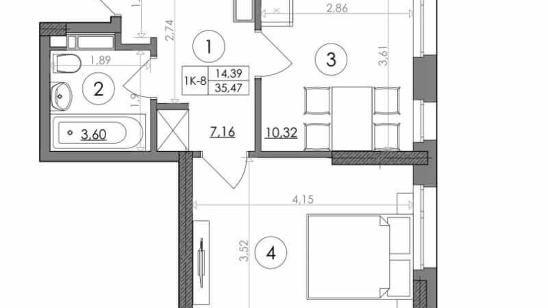 Планування 1-кімнатної квартири в ЖК Svitlo Park 35.47 м², фото 217383