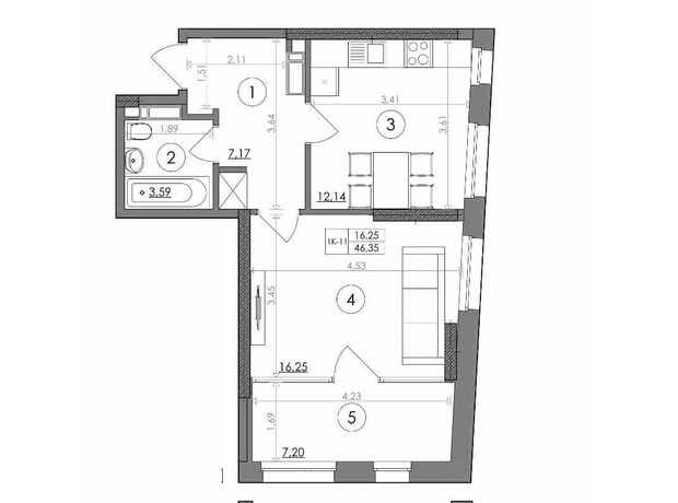 ЖК Svitlo Park: планування 1-кімнатної квартири 46.35 м²
