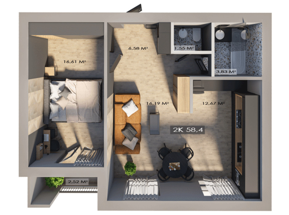 Планировка 2-комнатной квартиры в ЖК Клубный городок 12 58.4 м², фото 217393 Планировка 2-комнатной квартиры в ЖК Клубный городок 12 58.4 м², фото 217393