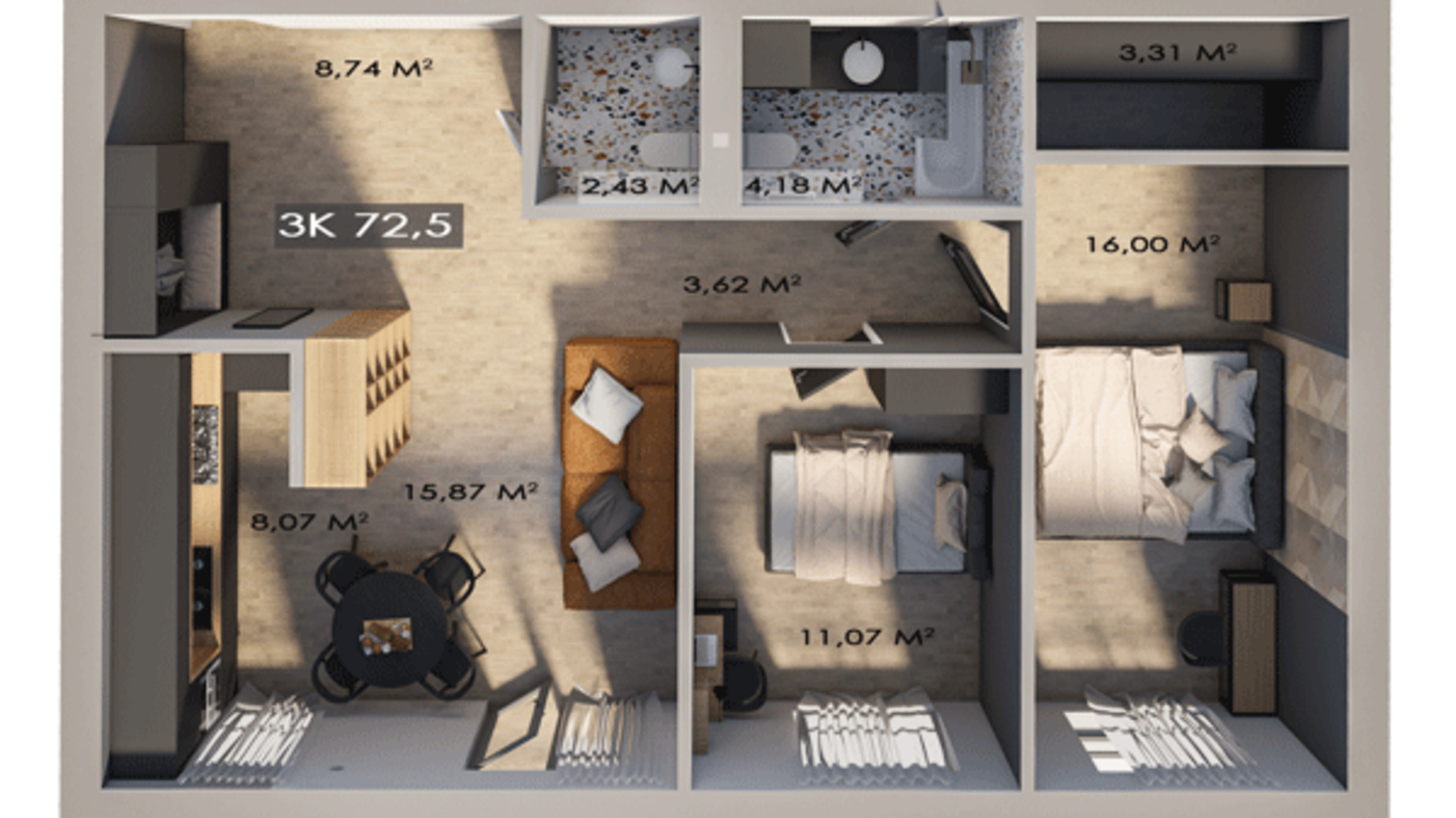 Планування 3-кімнатної квартири в ЖК Клубне містечко 12 72.5 м², фото 217411