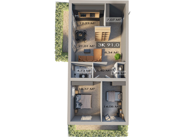 ЖК Клубный городок 12: планировка 3-комнатной квартиры 91 м²