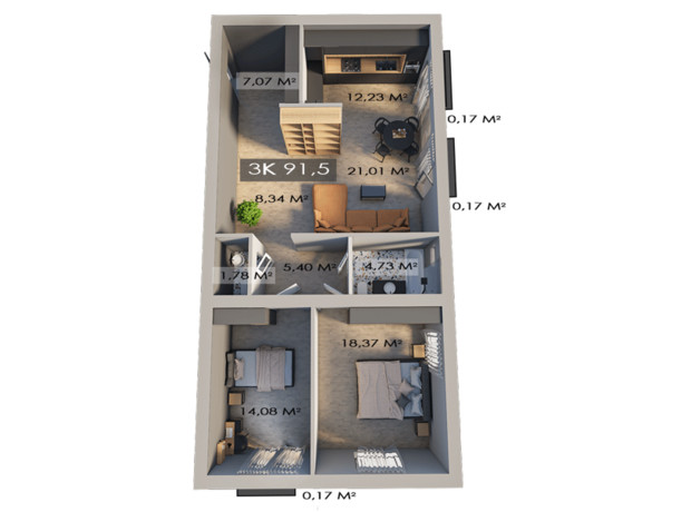 ЖК Клубне містечко 12: планування 3-кімнатної квартири 91.5 м²