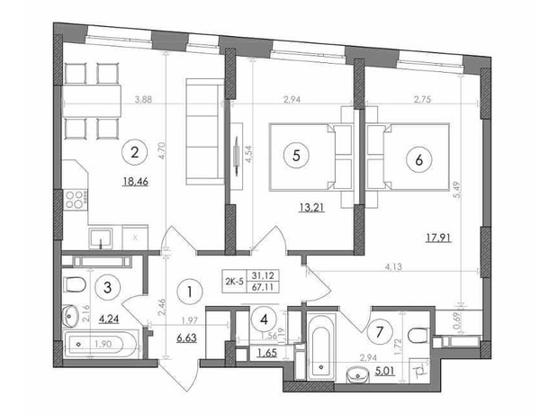 ЖК Svitlo Park: планировка 2-комнатной квартиры 67.11 м²