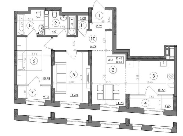 ЖК Svitlo Park: планування 2-кімнатної квартири 69.61 м²