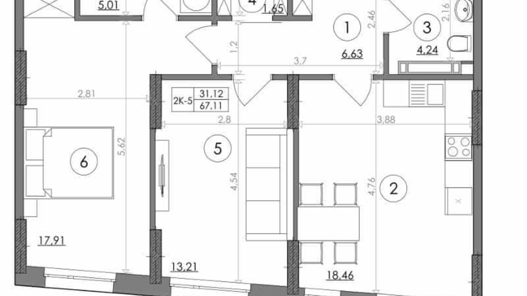 Планировка 2-комнатной квартиры в ЖК Svitlo Park 67.11 м², фото 217488
