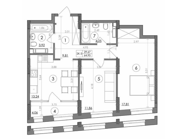 ЖК Svitlo Park: планування 2-кімнатної квартири 64.95 м²