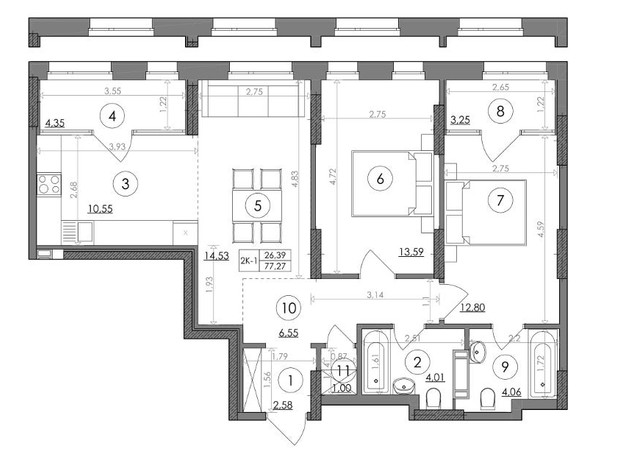 ЖК Svitlo Park: планування 2-кімнатної квартири 77.27 м²