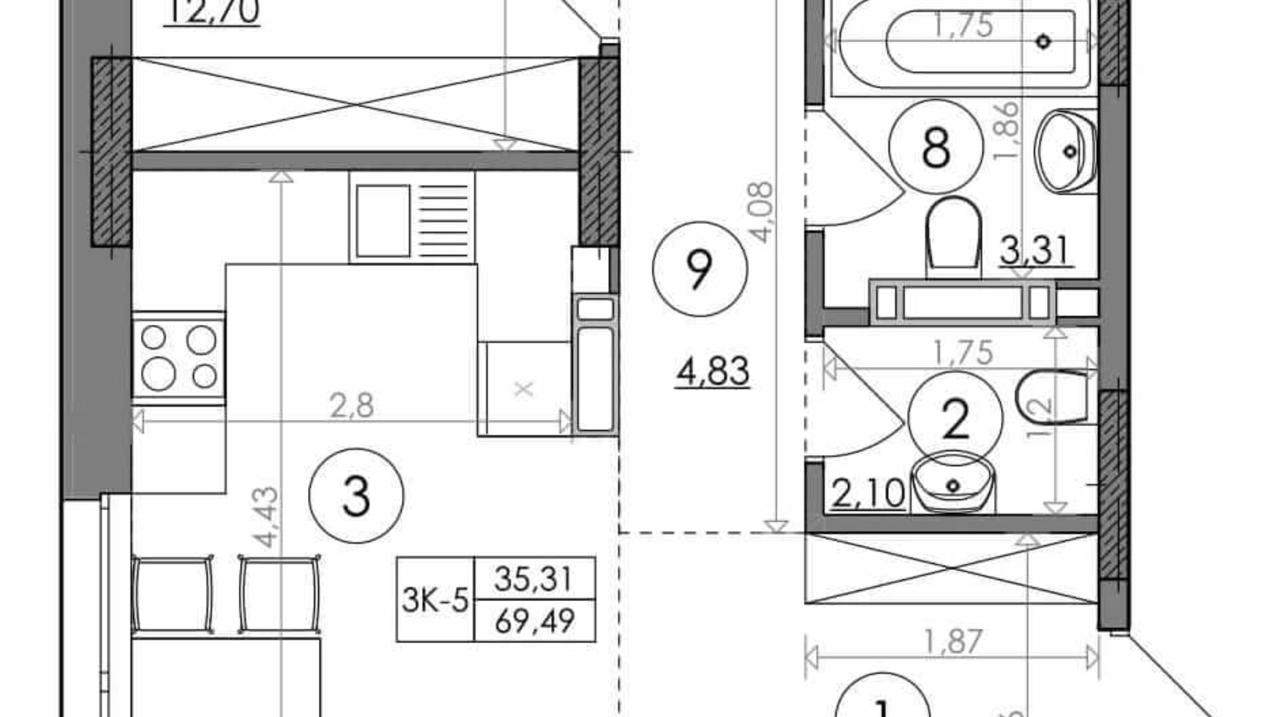 Планування 3-кімнатної квартири в ЖК Svitlo Park 69.49 м², фото 217492