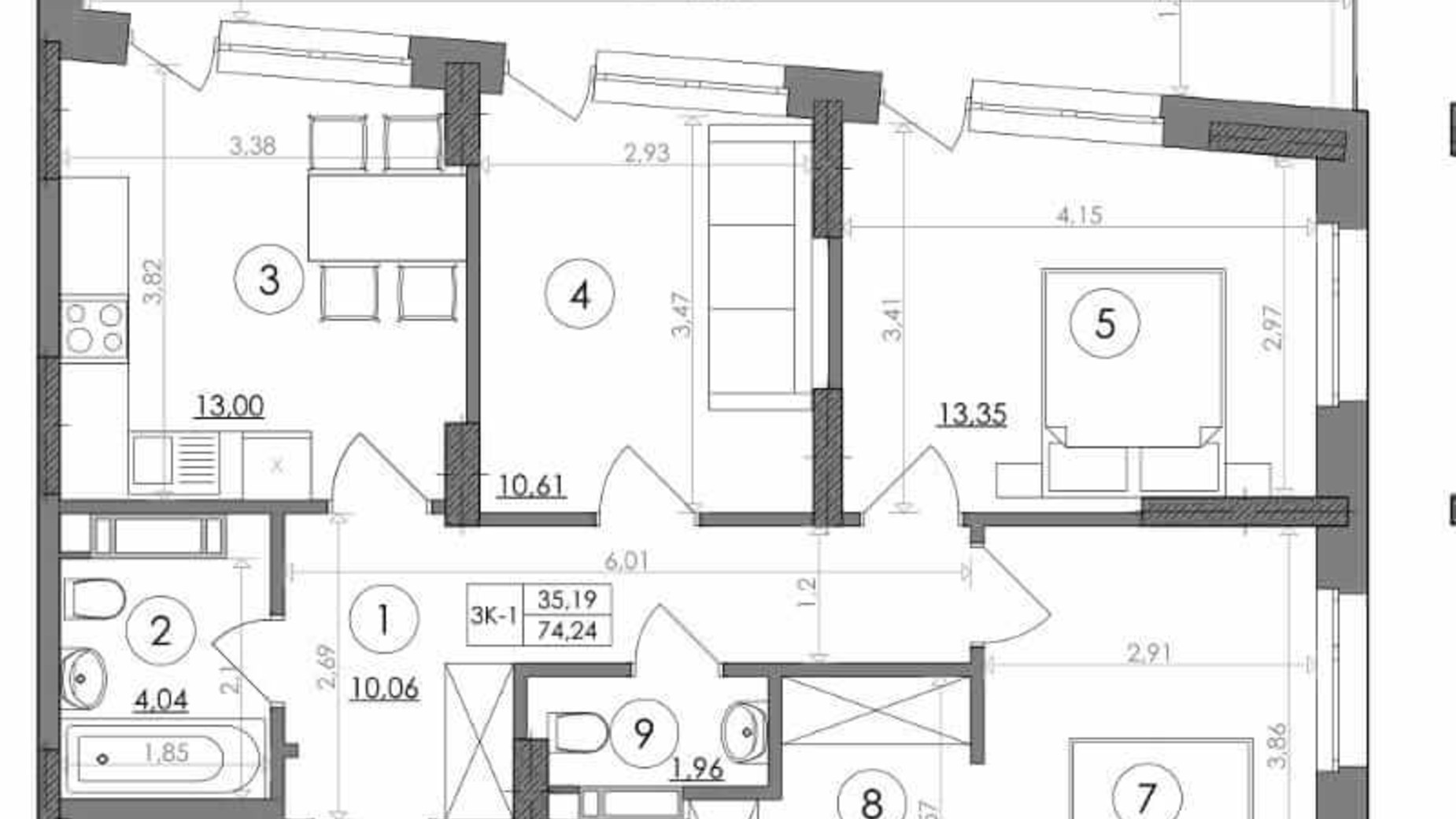 Планировка 3-комнатной квартиры в ЖК Svitlo Park 74.24 м², фото 217493