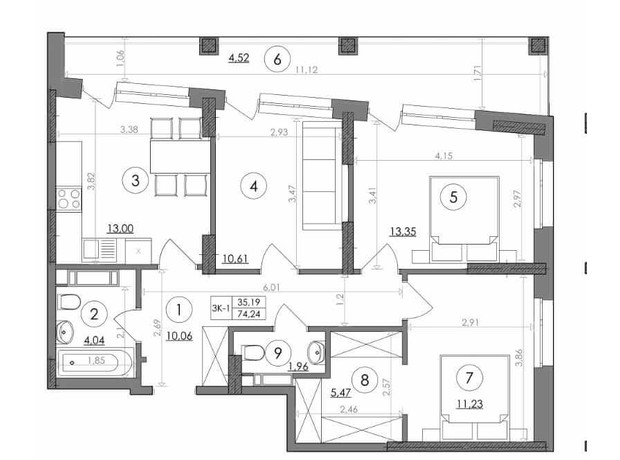 ЖК Svitlo Park: планировка 3-комнатной квартиры 74.24 м²