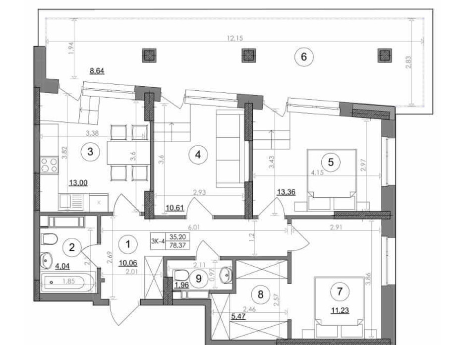 Планування 3-кімнатної квартири в ЖК Svitlo Park 78.37 м², фото 217494 Планування 3-кімнатної квартири в ЖК Svitlo Park 78.37 м², фото 217494