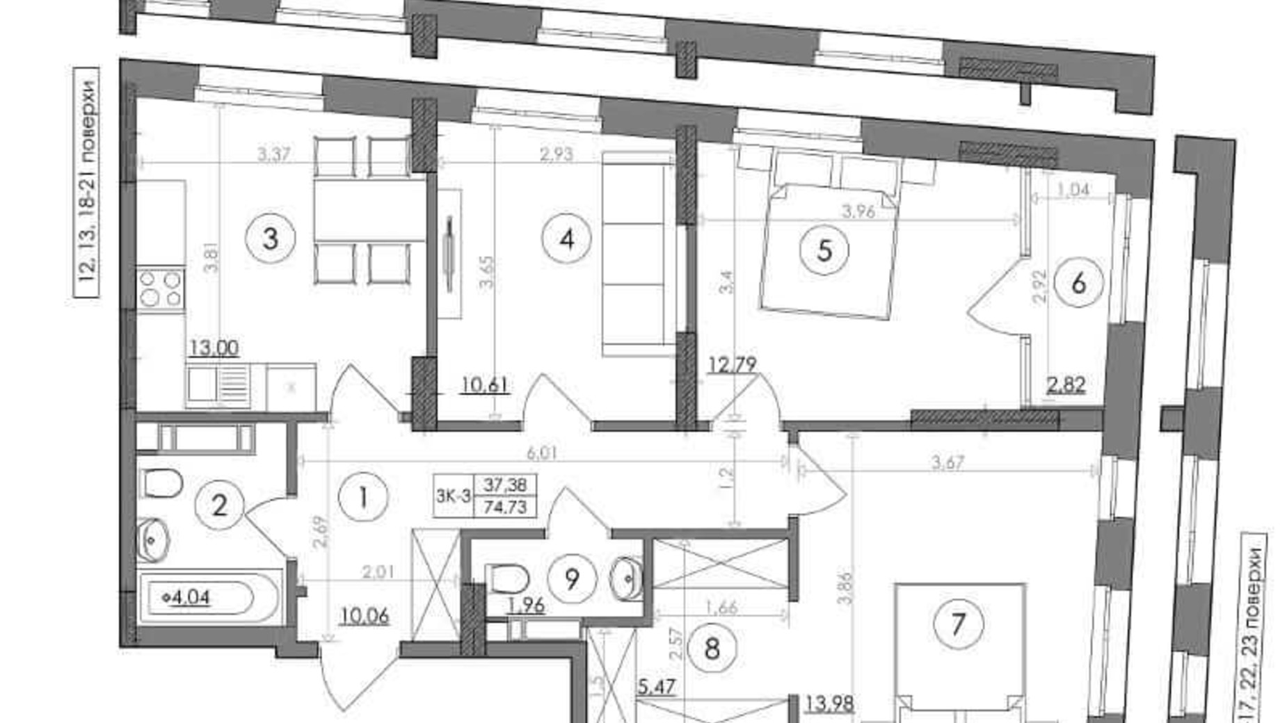 Планування 3-кімнатної квартири в ЖК Svitlo Park 74.73 м², фото 217495