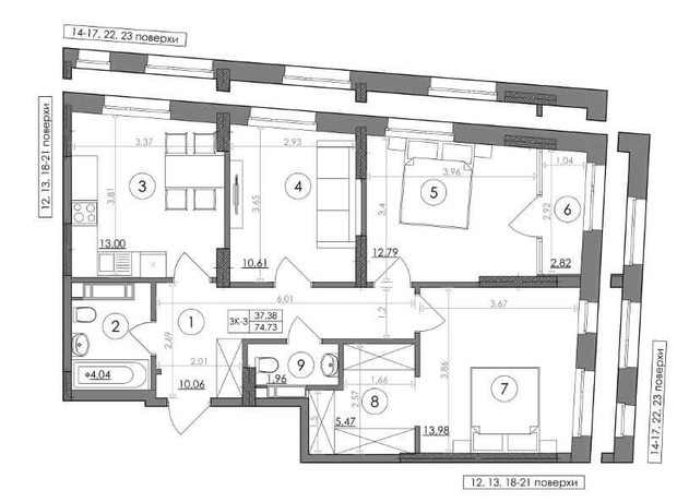 ЖК Svitlo Park: планування 3-кімнатної квартири 74.73 м²