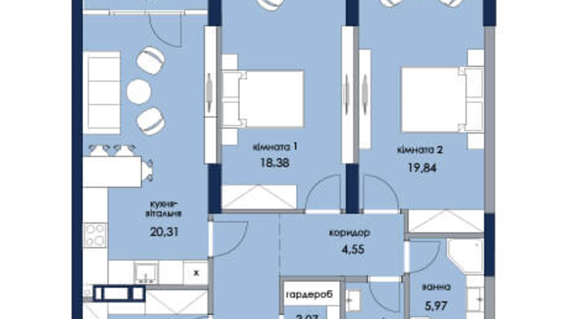 Планировка 2-комнатной квартиры в ЖК Новый Автограф 89.01 м², фото 217500