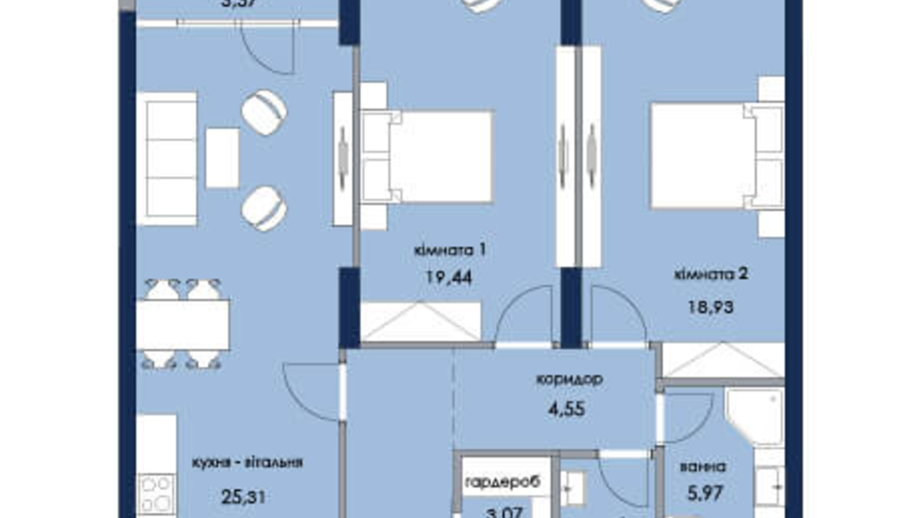 Планировка 2-комнатной квартиры в ЖК Новый Автограф 89.89 м², фото 217501