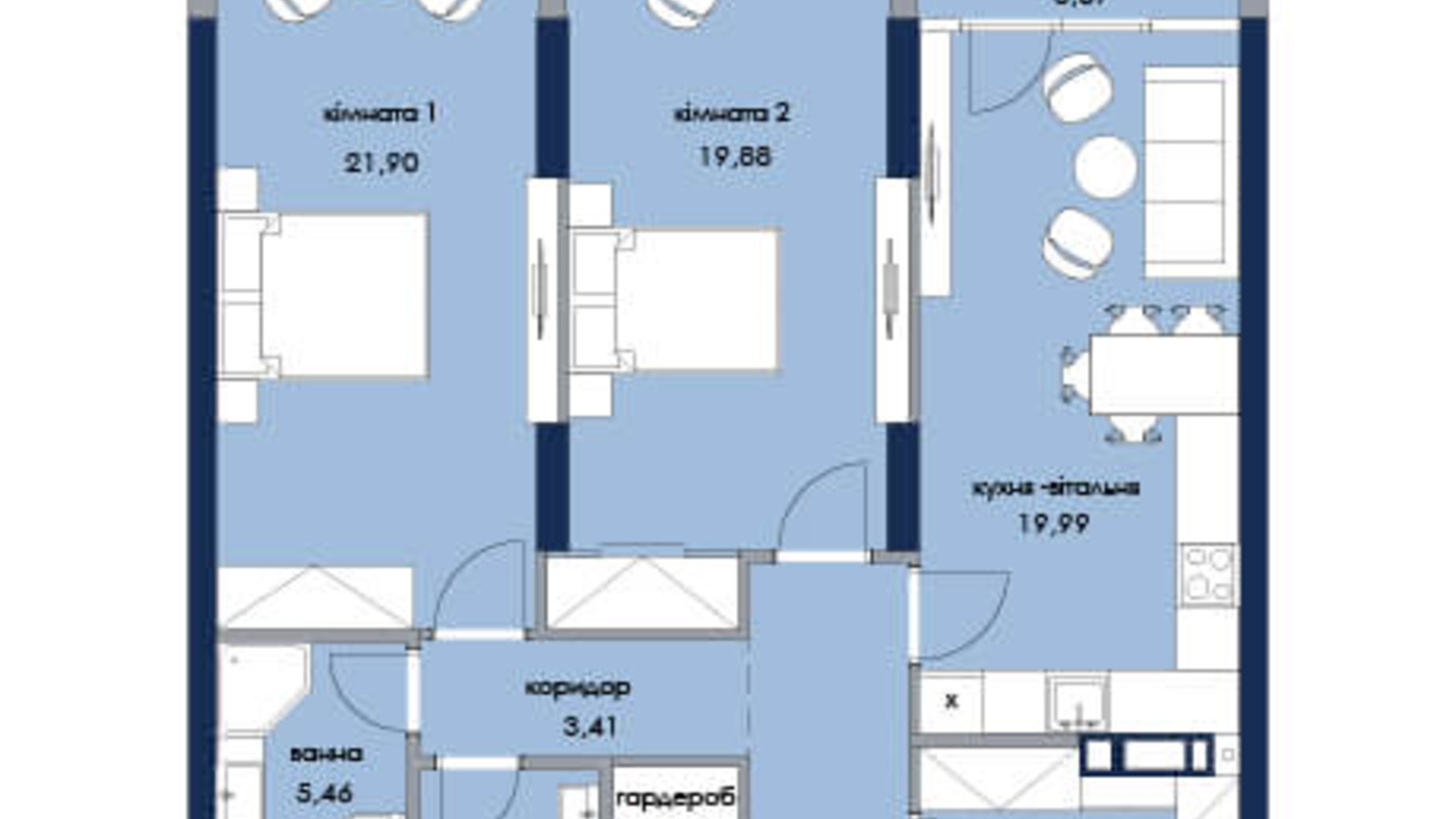 Планування 2-кімнатної квартири в ЖК Новий Автограф 88.75 м², фото 217503