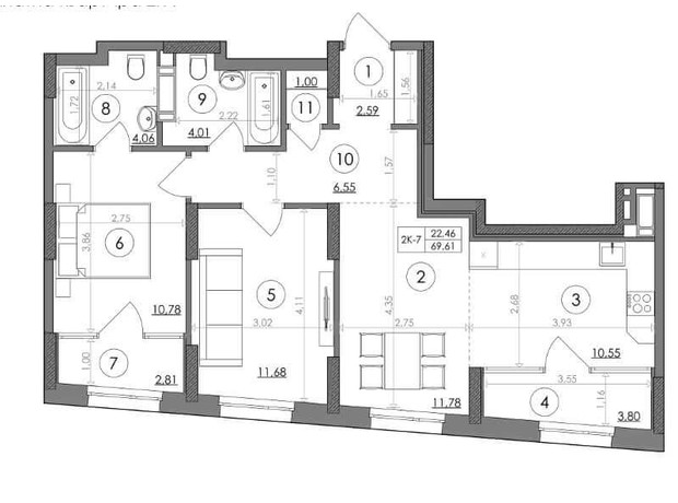 ЖК Svitlo Park: планировка 2-комнатной квартиры 69.61 м²