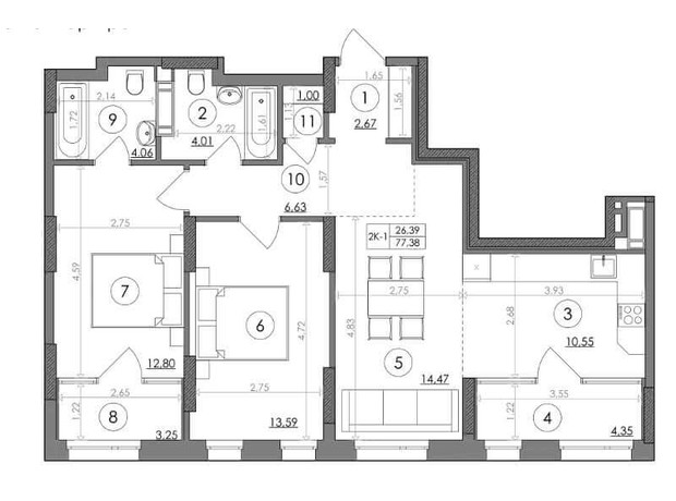 ЖК Svitlo Park: планування 2-кімнатної квартири 77.38 м²