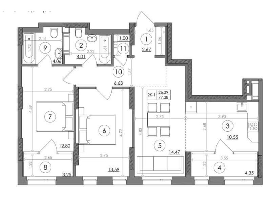 Планування 2-кімнатної квартири в ЖК Svitlo Park 77.38 м², фото 217533 Планування 2-кімнатної квартири в ЖК Svitlo Park 77.38 м², фото 217533