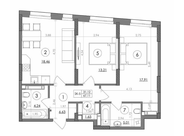 ЖК Svitlo Park: планировка 2-комнатной квартиры 67.11 м²