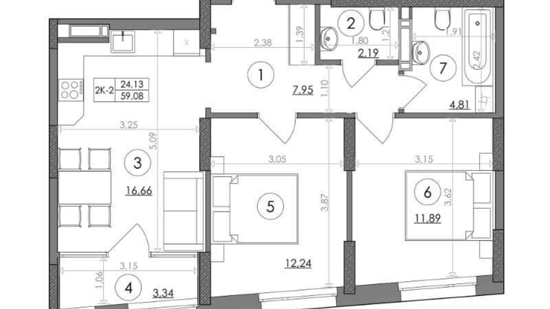 Планування 2-кімнатної квартири в ЖК Svitlo Park 59.08 м², фото 217535