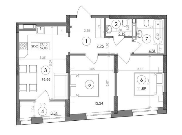 ЖК Svitlo Park: планування 2-кімнатної квартири 59.08 м²