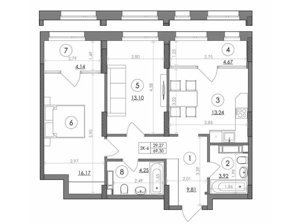 ЖК Svitlo Park: планування 2-кімнатної квартири 69.3 м²