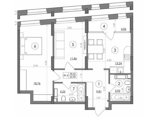ЖК Svitlo Park: планування 2-кімнатної квартири 65.9 м²