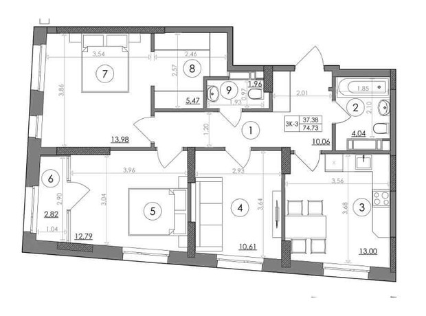 ЖК Svitlo Park: планування 3-кімнатної квартири 74.73 м²