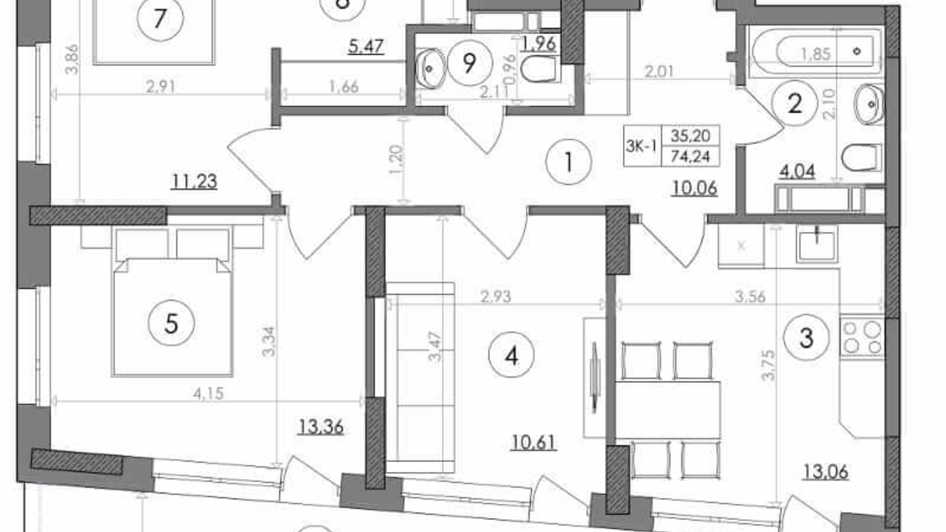 Планування 3-кімнатної квартири в ЖК Svitlo Park 74.24 м², фото 217539