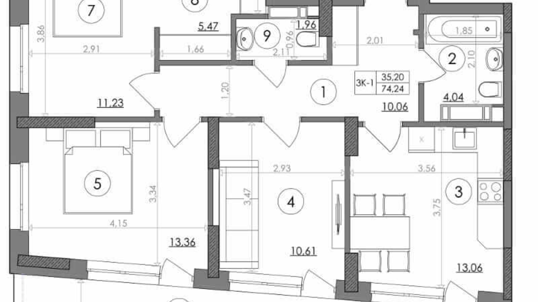Планування 3-кімнатної квартири в ЖК Svitlo Park 73.2 м², фото 217539