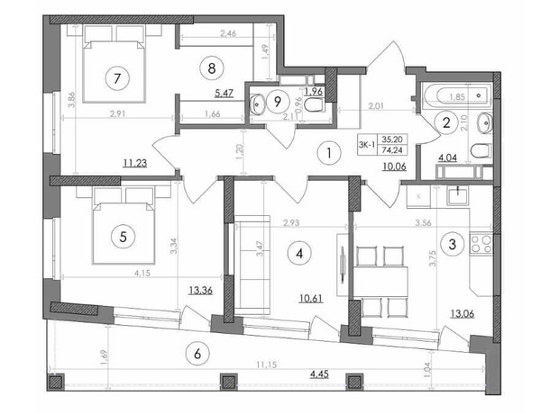 ЖК Svitlo Park: планировка 3-комнатной квартиры 74.24 м²