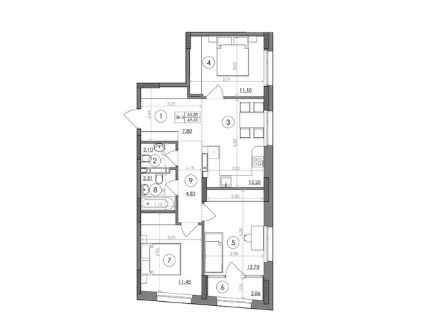 ЖК Svitlo Park: планировка 3-комнатной квартиры 69.43 м²