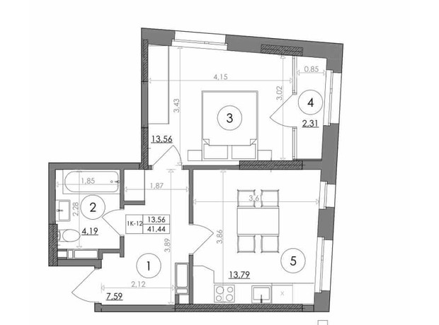 ЖК Svitlo Park: планування 1-кімнатної квартири 41.44 м²