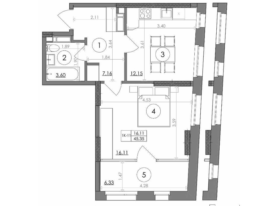 Планування 1-кімнатної квартири в ЖК Svitlo Park (Світло Парк) 45.35 м², фото 217547 Планування 1-кімнатної квартири в ЖК Svitlo Park (Світло Парк) 45.35 м², фото 217547