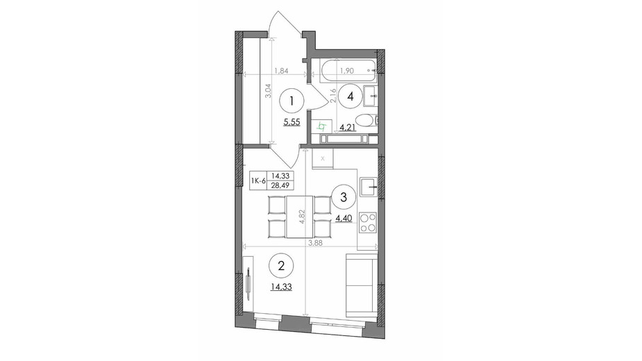 Планировка смарт квартиры в ЖК Svitlo Park 28.49 м², фото 217548