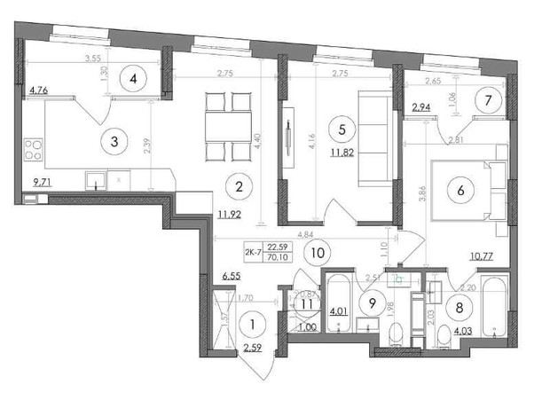 ЖК Svitlo Park: планировка 2-комнатной квартиры 70.1 м²