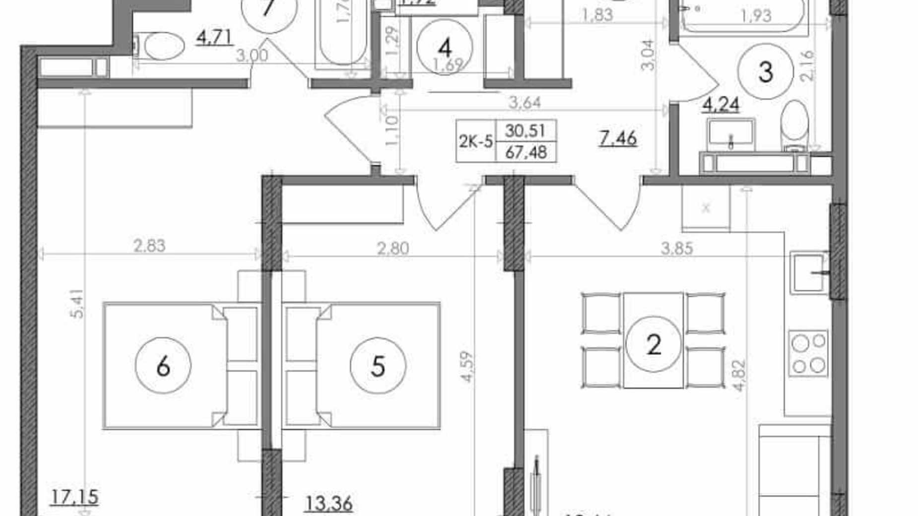 Планування 2-кімнатної квартири в ЖК Svitlo Park 67.48 м², фото 217641