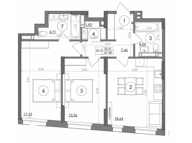ЖК Svitlo Park: планування 2-кімнатної квартири 67.48 м²