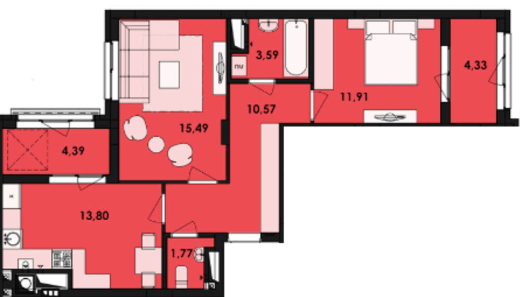 Планування 2-кімнатної квартири в ЖК Семицвіт 65.85 м², фото 217776