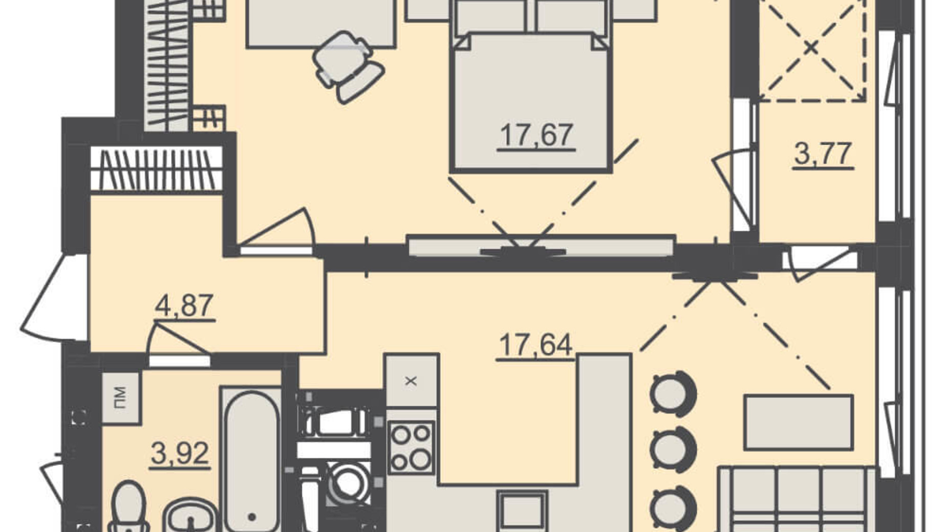 Планировка 1-комнатной квартиры в ЖК Семицвет 48.56 м², фото 218140