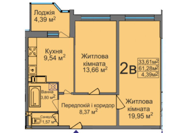 ЖК ул. Тараскова, 5: планировка 2-комнатной квартиры 61.28 м²