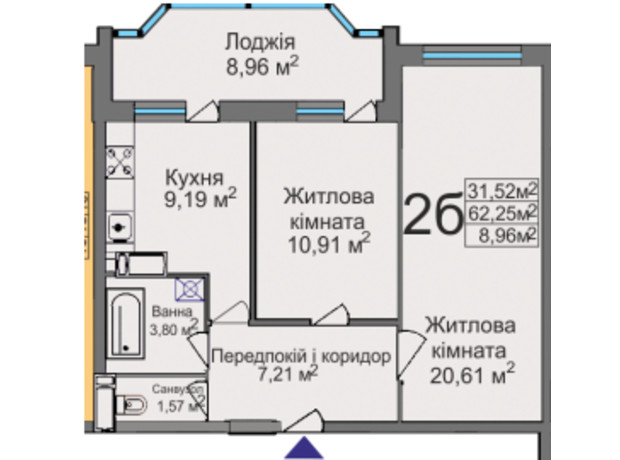 ЖК ул. Тараскова, 5: планировка 2-комнатной квартиры 62.25 м²