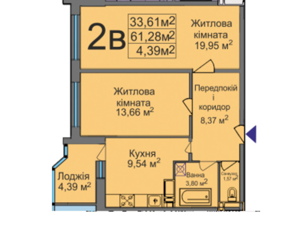 ЖК ул. Тараскова, 5: планировка 2-комнатной квартиры 61.28 м²