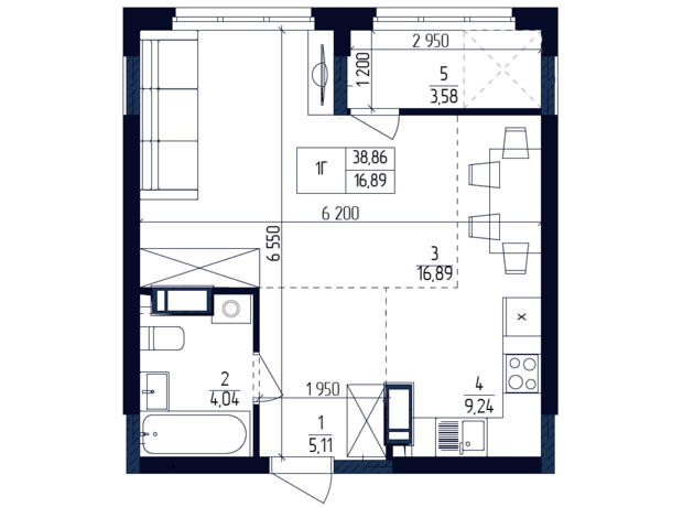 ЖК Современный квартал: планировка 1-комнатной квартиры 38.86 м²