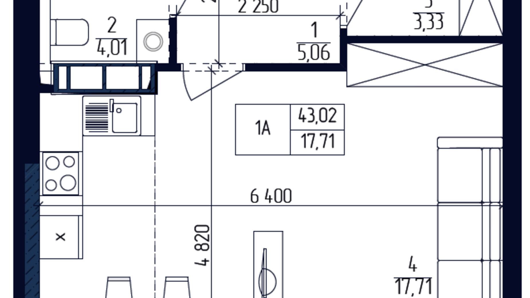 Планування 1-кімнатної квартири в ЖК Сучасний квартал 43.02 м², фото 218344