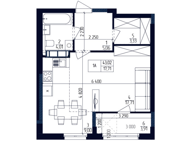 ЖК Сучасний квартал: планування 1-кімнатної квартири 43.02 м²