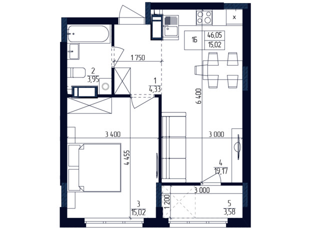 ЖК Сучасний квартал: планування 1-кімнатної квартири 46.05 м²