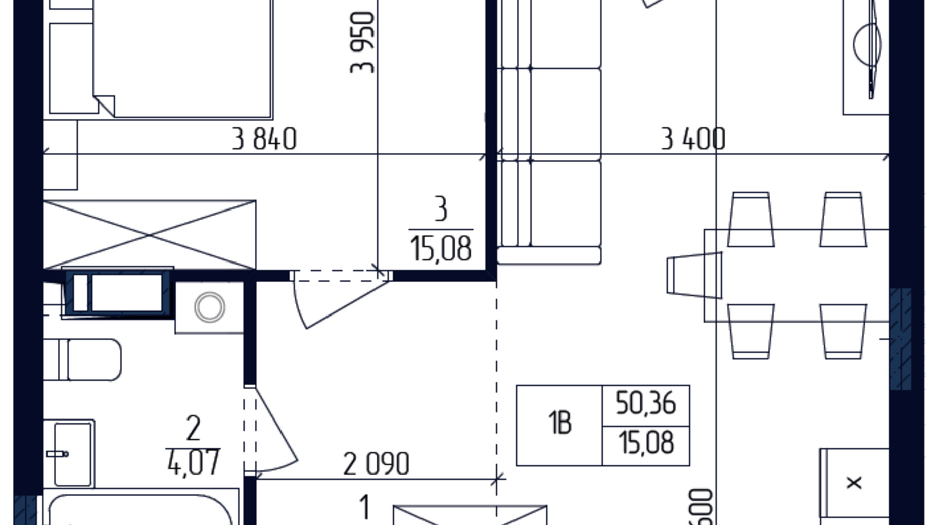 Планировка 1-комнатной квартиры в ЖК Современный квартал 50.26 м², фото 218346