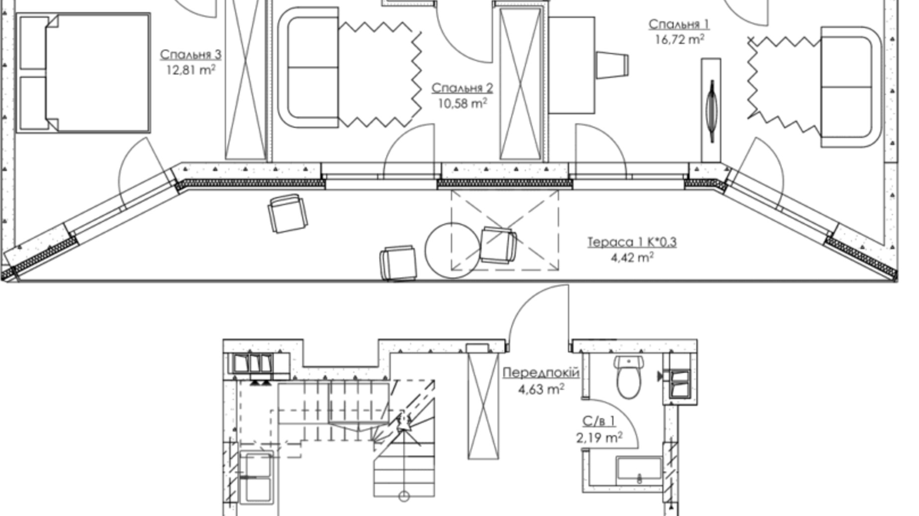 Планування багато­рівневої квартири в ЖК O2 Residence 105.26 м², фото 218397